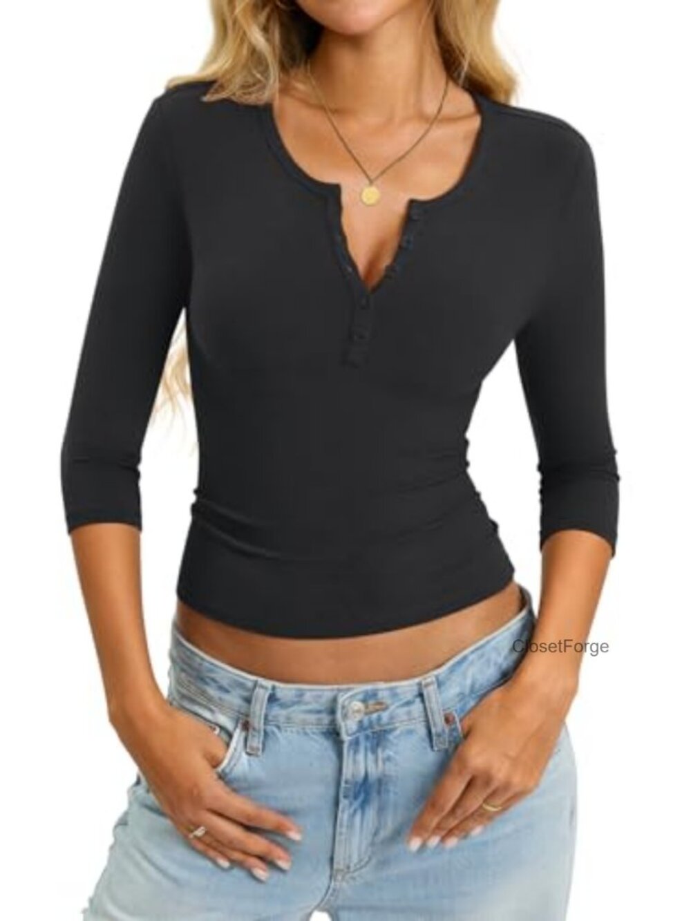 Women's Cotton Spandex 3/4 Sleeve Henley Tops V-Neck with Buttons Slim Fit